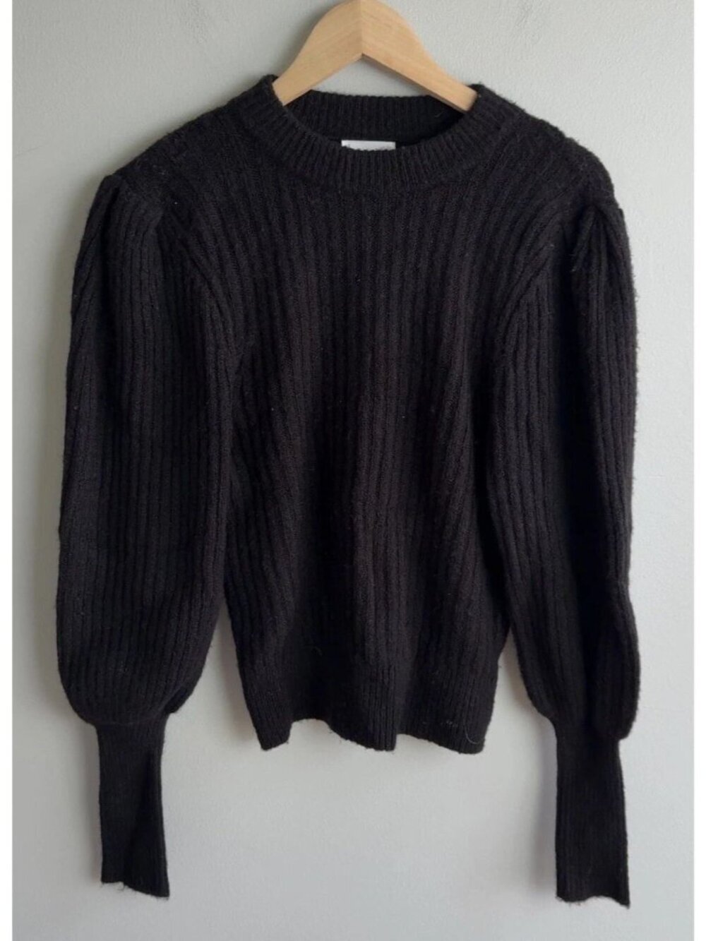 Leith Black Ribbed Puff Sleeve Cable Knit Sweater Size Large Crew Neck Women’s